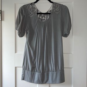 Robin K | gray short sleeve blouse with lace back